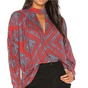 Free People Walking On A Dream Tunic Blouse Medium red blue geometric floral